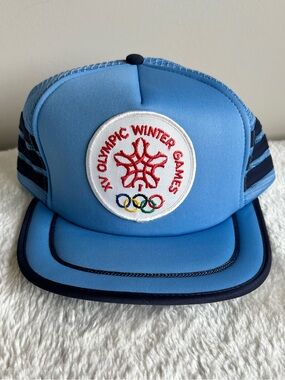 Vintage Light Blue Trucker Hat with Olympic Winter Games Patch